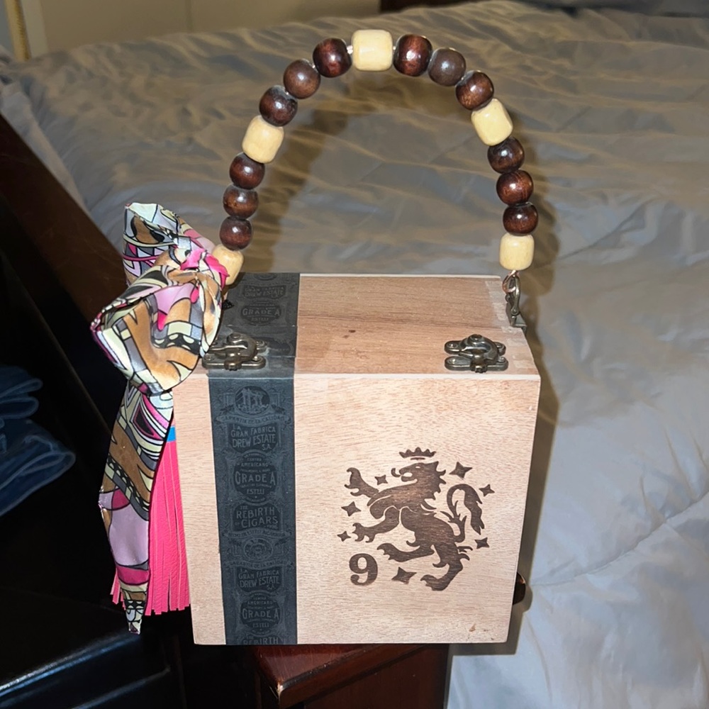 Cigar Box Purse. Box is wood. Pink on inside